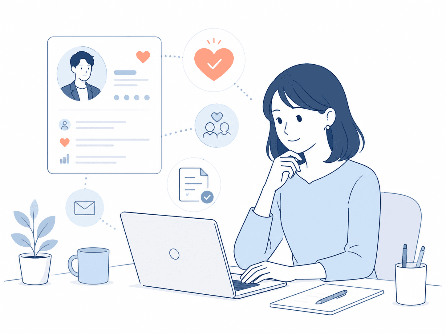 ノートPCで婚活プロフィールを確認する女性のイラスト